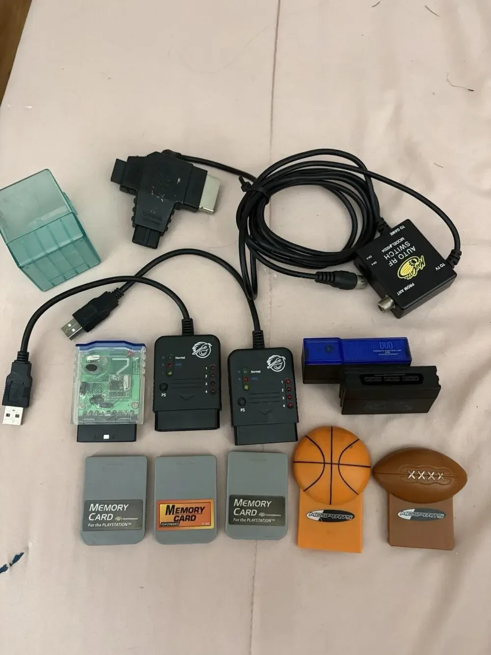 PS1 PS2 Accessory Lot TESTED Guitar Hero Pelican Dongles MC Sports Memory Cards